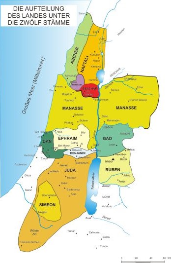 Bibelkarte: Aufteilung Israels auf die 12 Stämme Bibelkarte: Aufteilung Israels auf die 12 Stämme