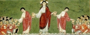 Evangeliar aus Echternach, Brotvermehrung, um 1400, Nürnberg