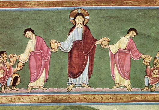 Brotvermehrung Evangeliar aus Echternach, Brotvermehrung, um 1400, Nürnberg